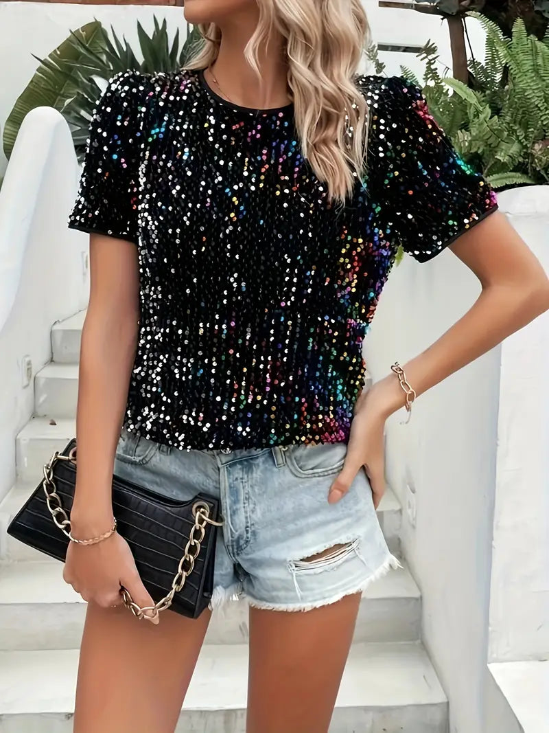 Gina - Round Neck T-Shirt with Sequin Embellishment